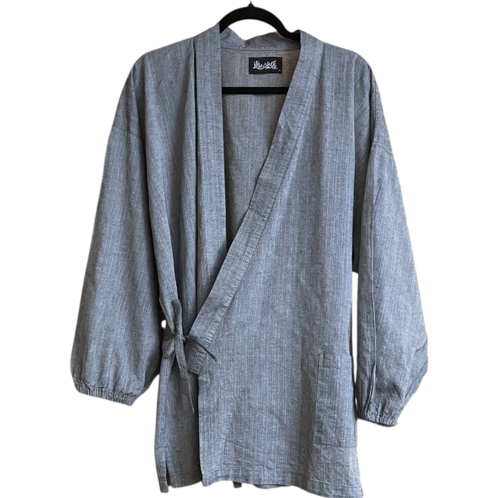 Gray Kimono Robe Wide Balloon Sleeves Wrap Front Pocket Mandarin Collar